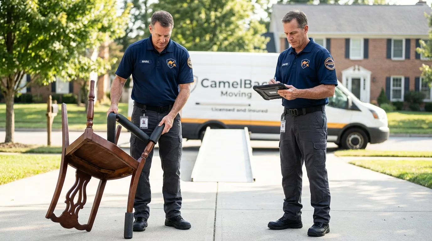 Movers inspecting furniture for damage prevention before loading in Logan, IA
