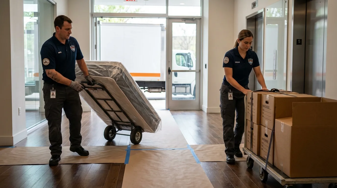Professional apartment movers loading elevator in Logan, IA